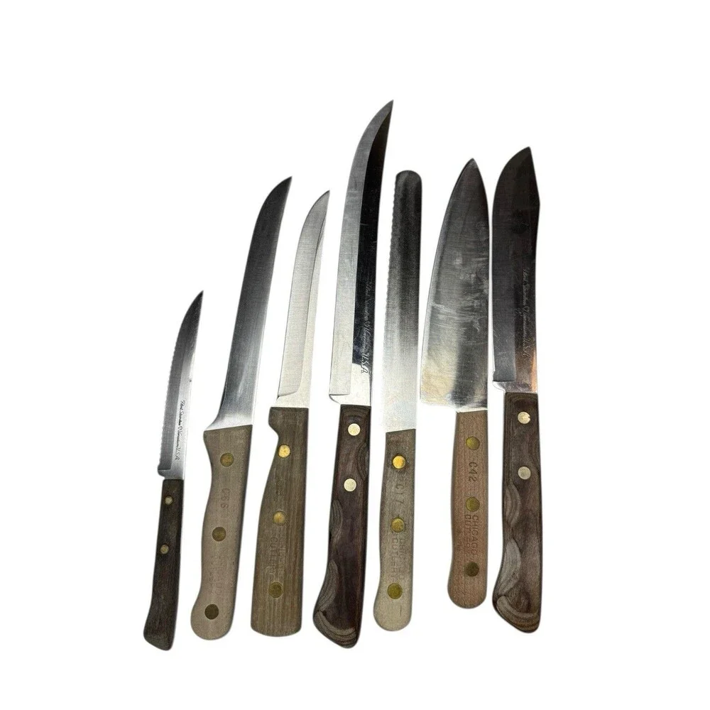 Mixed Lot 7 Vintage Vanadium Chicago Knives Wood Handle MCM Chef Bread